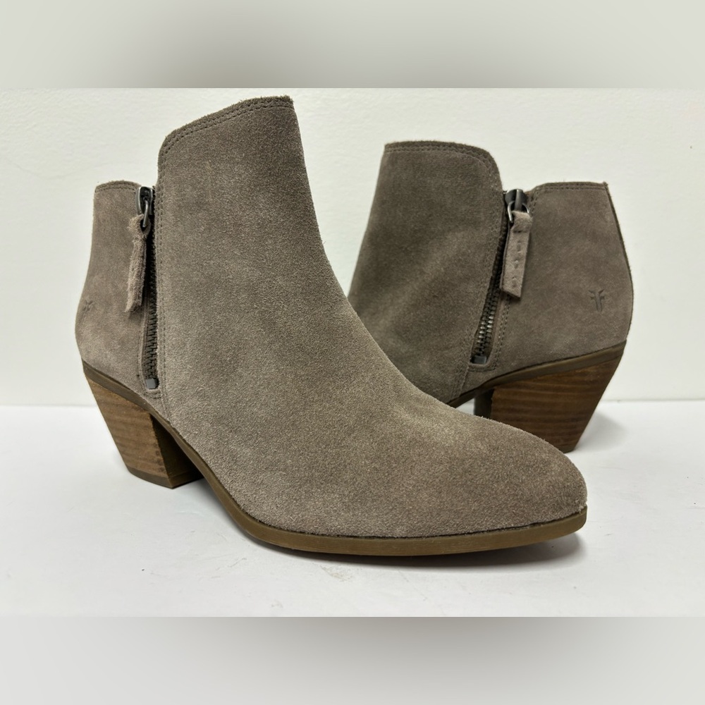 FRYE Judith Taupe Leather Suede Zip Up Heeled Ankle Boots Women’s Size 7